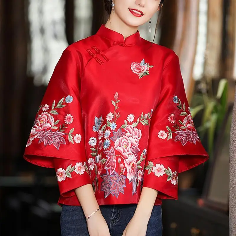 Spring and Autumn Ethnic Style Tang Suit Coat Retro Embroidery Button Chinese Top Women's Top Elegant Loose Blouse chinese dress