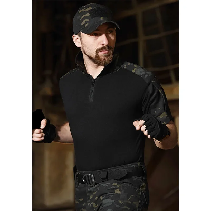 Summer Black Camo Training Set Mens Half Zip Combat Tops Waterproof Tactical Suit Elastic Multiple Pockets Quick Drying 3-pcs 4