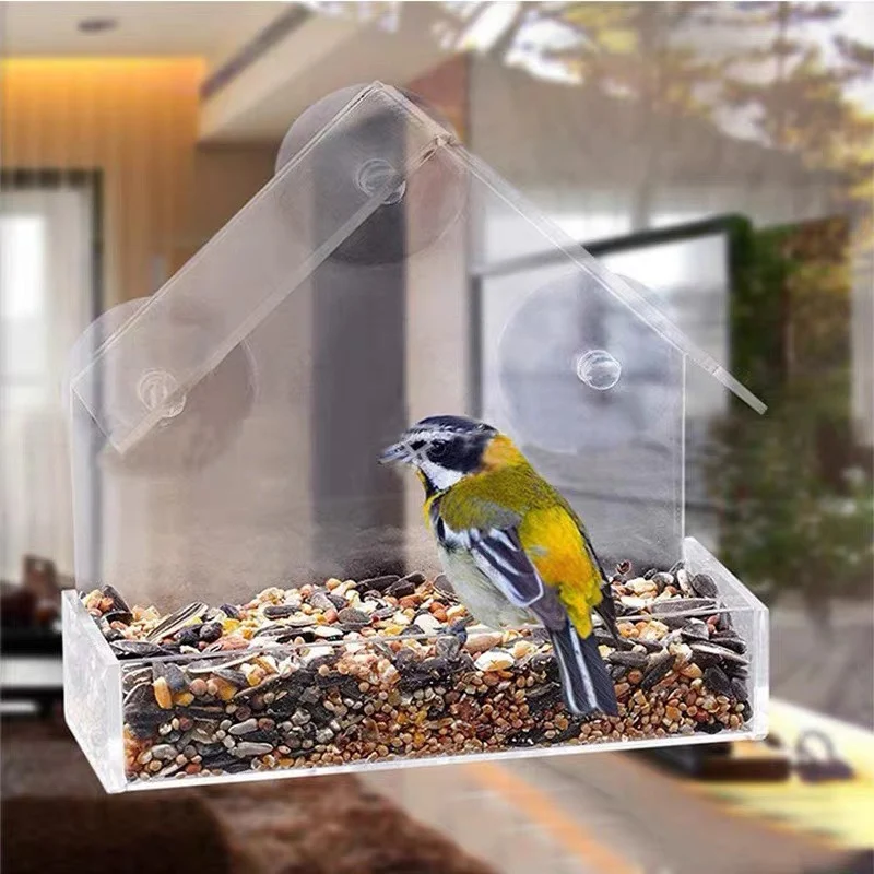 Window Wild Bird Feeder House Transparent Wild Table Removable Suction Cups Sliding Feed Tray for Garden Patio Yard