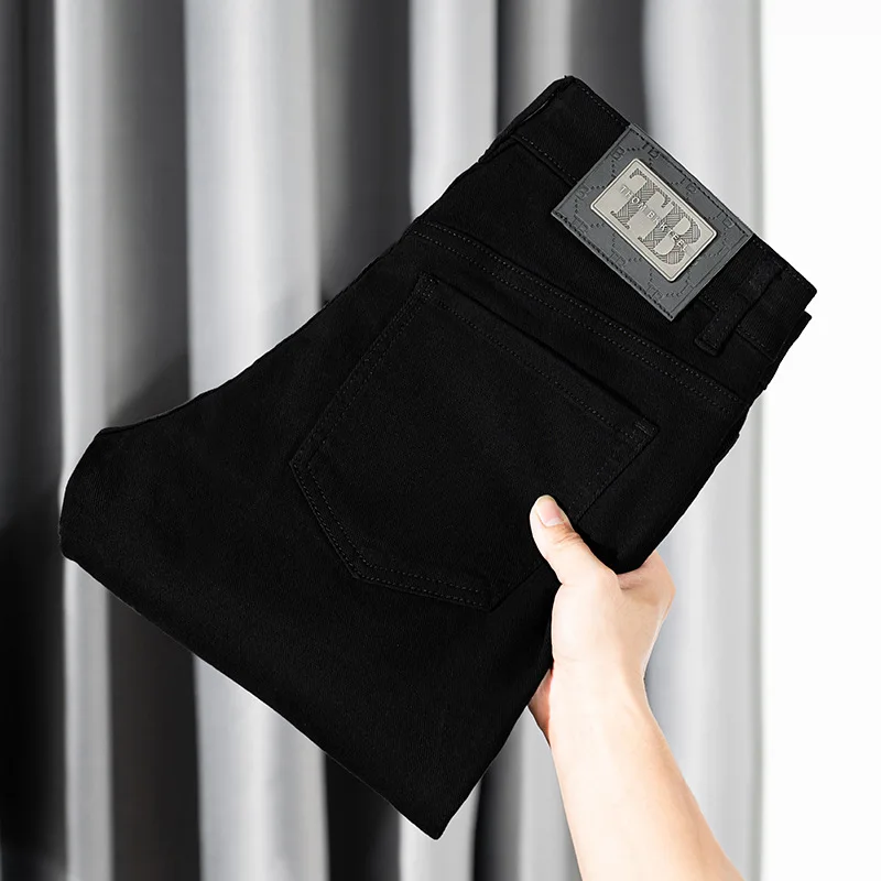 Pure Black Jeans Men's Fashion Simple Business High-End Straight Trend Men's Light Luxury Casual Slim Fit Stretch Feet Pants 2