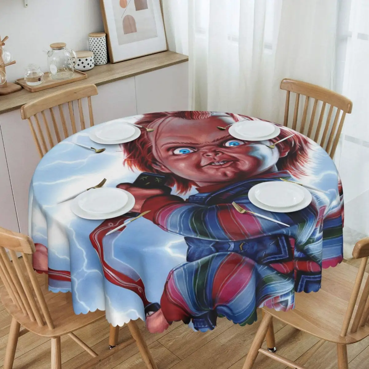 

Horror Movie Chucky Tablecloth Round Oilproof Childs Play Table Cloth Cover for Kitchen 60 inches