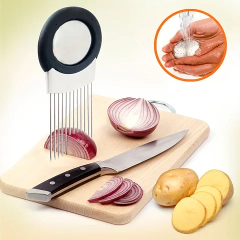 

Easy Cut Onion Holder Slicer Vegetable tools Tomato Cutter Stainless Steel Kitchen Gadgets No More Stinky Hands U0739