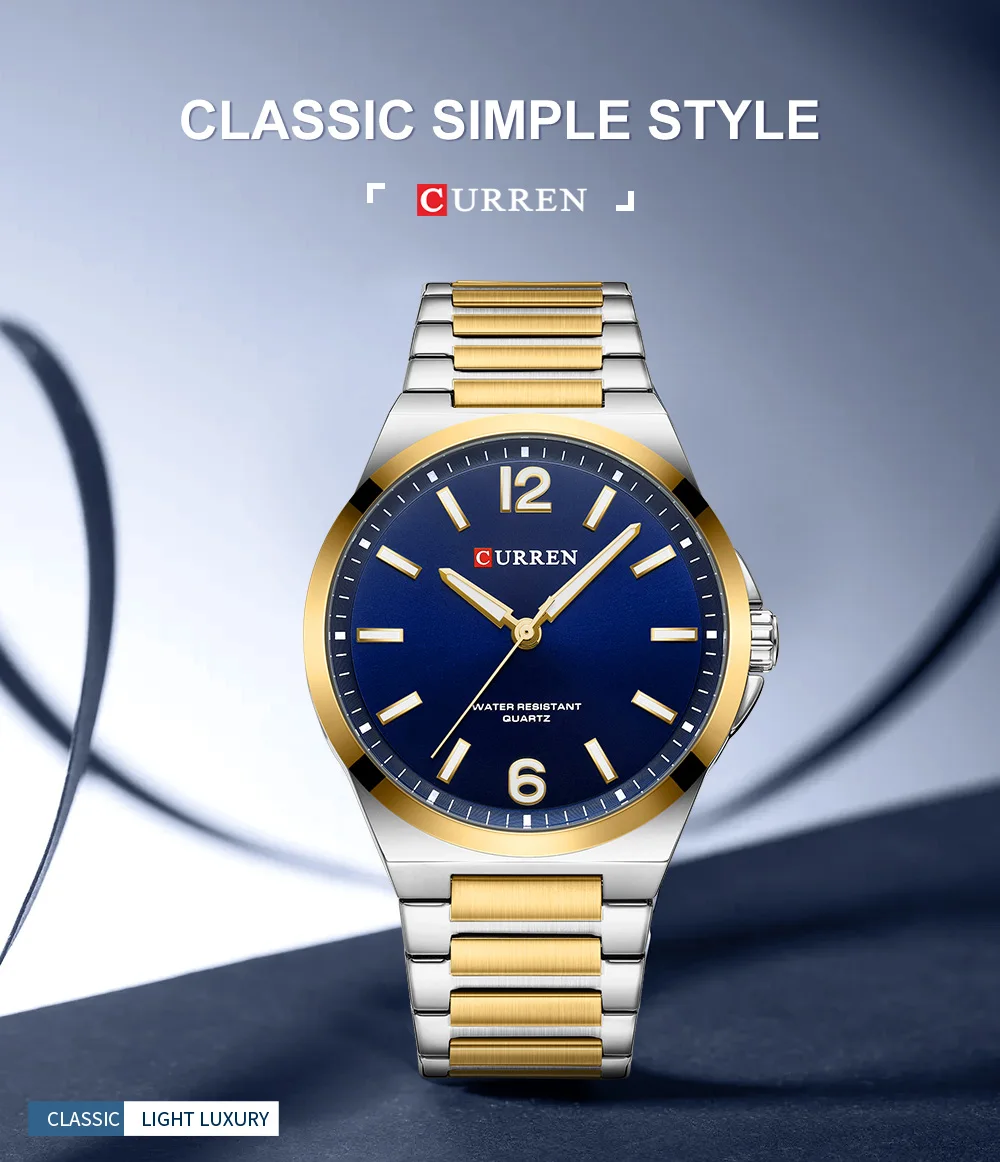 CURREN Minimalist Business Watch for Men Classic Quartz Black Wristwatch with Stainless Steel Band Luminous Hands Waterproof