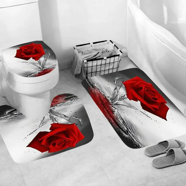 Rose Flower Shower Curtain Set Non-Slip Rugs Bath Mat Toilet Lid Cover and 12 Hooks Waterproof Polyester Bathroom Decor A-Bath Rug Mat-3Pcs