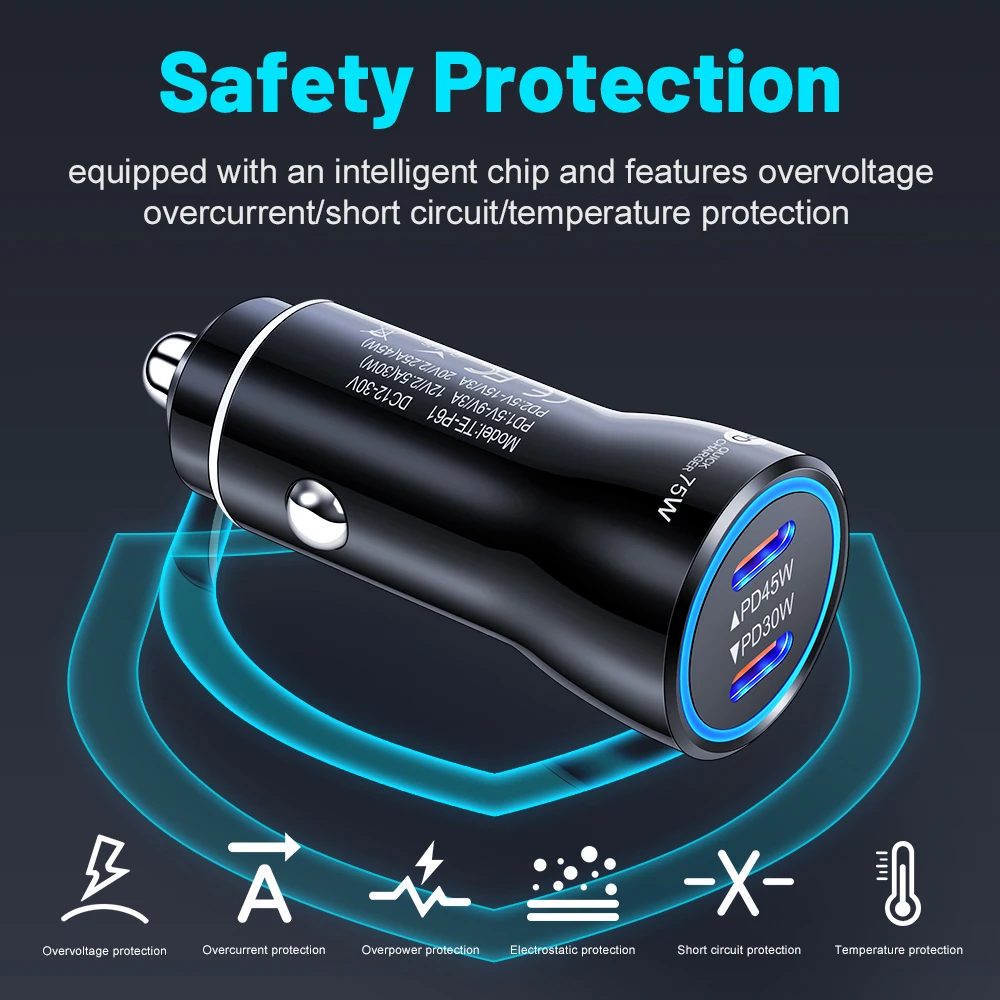 75W 2-port USB C Car Charger In Car Fast Charge Adapter For iPhone Xiaomi Samgsung Car Phone Charger