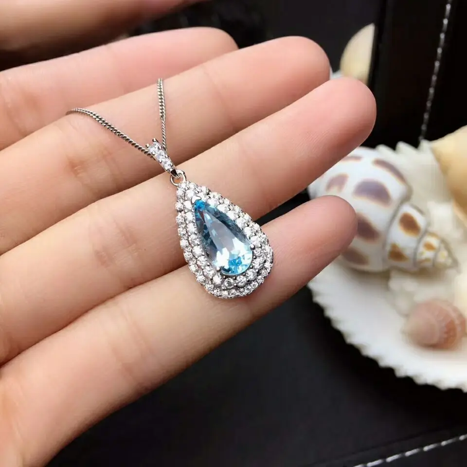 

MeiBaPJ Bright Sky Blue Natural Topaz Gemstone Water Drop Pendant Necklace 925 Pure Silver Fine Jewelry for Women