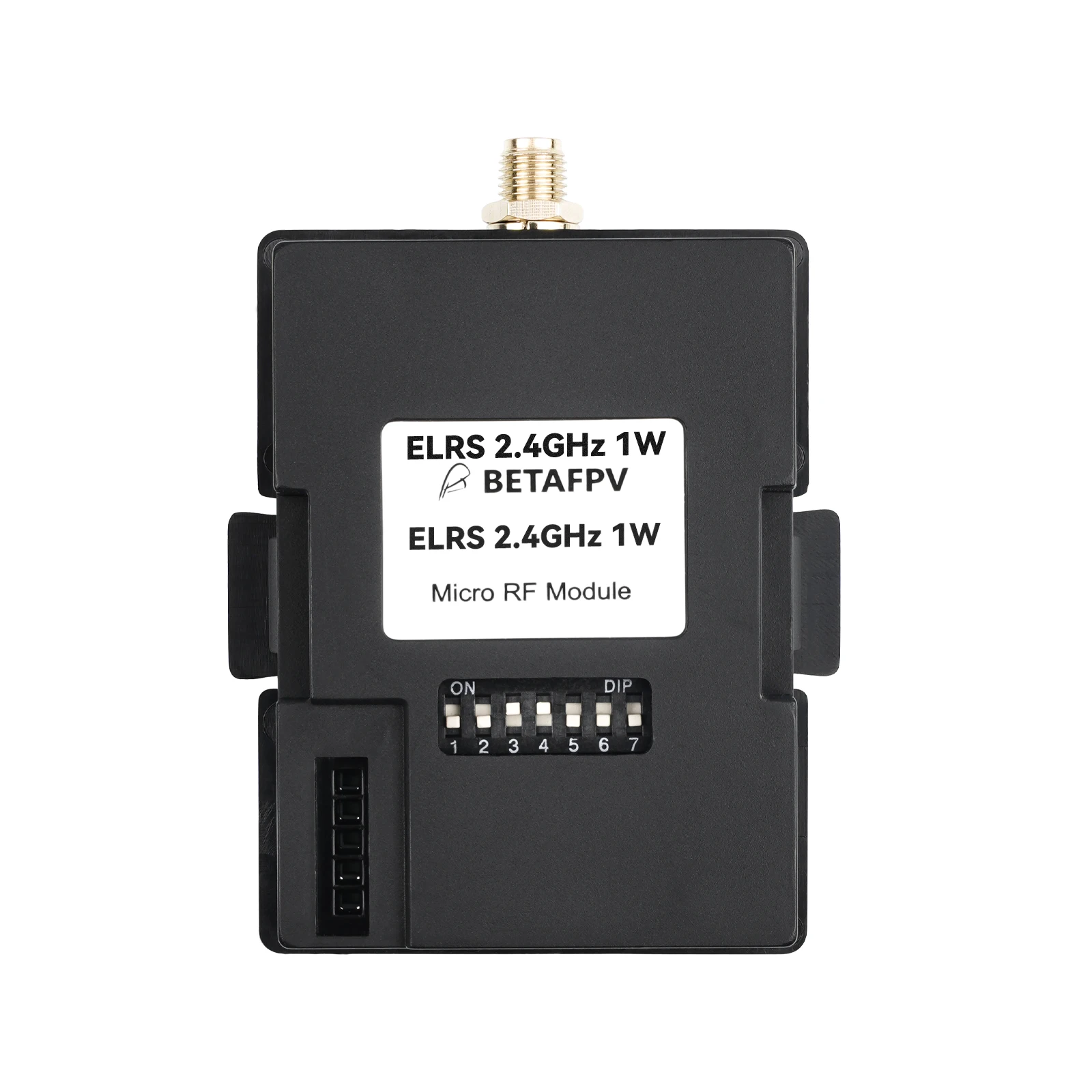 Module émetteur ELRS 2.4GHz 1W BETAFPV avec antenne dépliée, prêt pour une utilisation FPV.