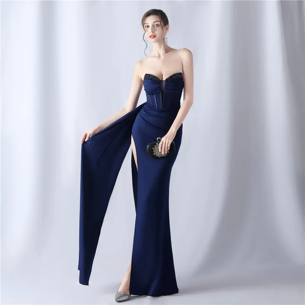 

2024 New Elegant Women Strapless Beading Party Maxi Dress Sexy Evening Dress Long Prom Dress