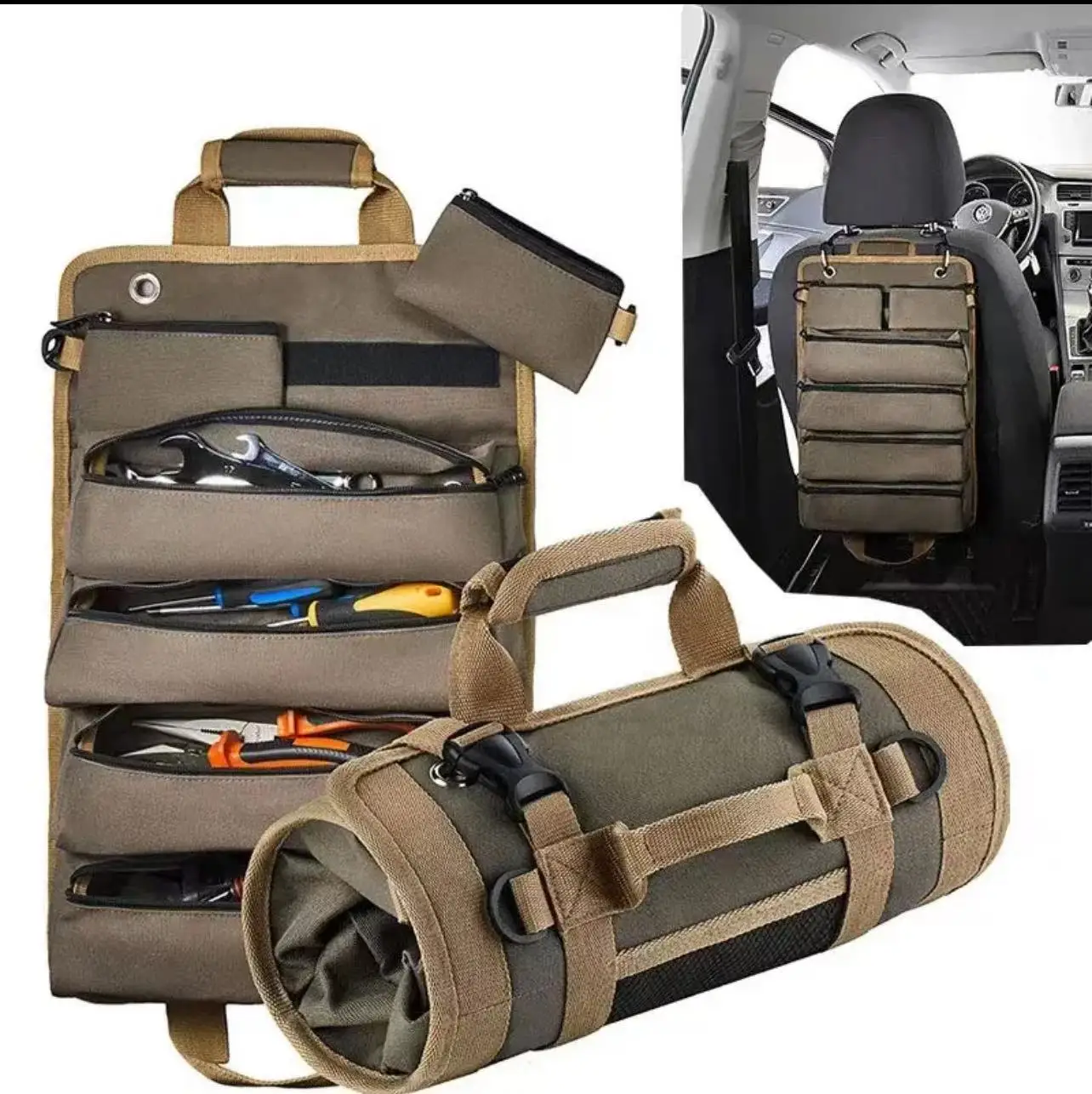 Multi-function Roll-up Kit Canvas Tool Roll Car Storage Bag Hanging Tool Zipper Carrier Bag Camping Gear