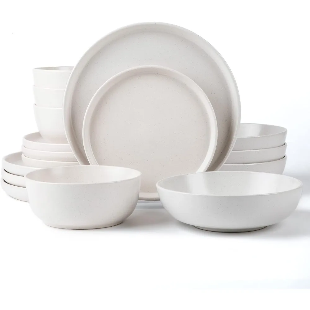 

Round Stoneware 16pc Double Bowl Dinnerware Set for 4, Dinner and Side Plates, Cereal and Pasta Bowls - Matte White (466077)