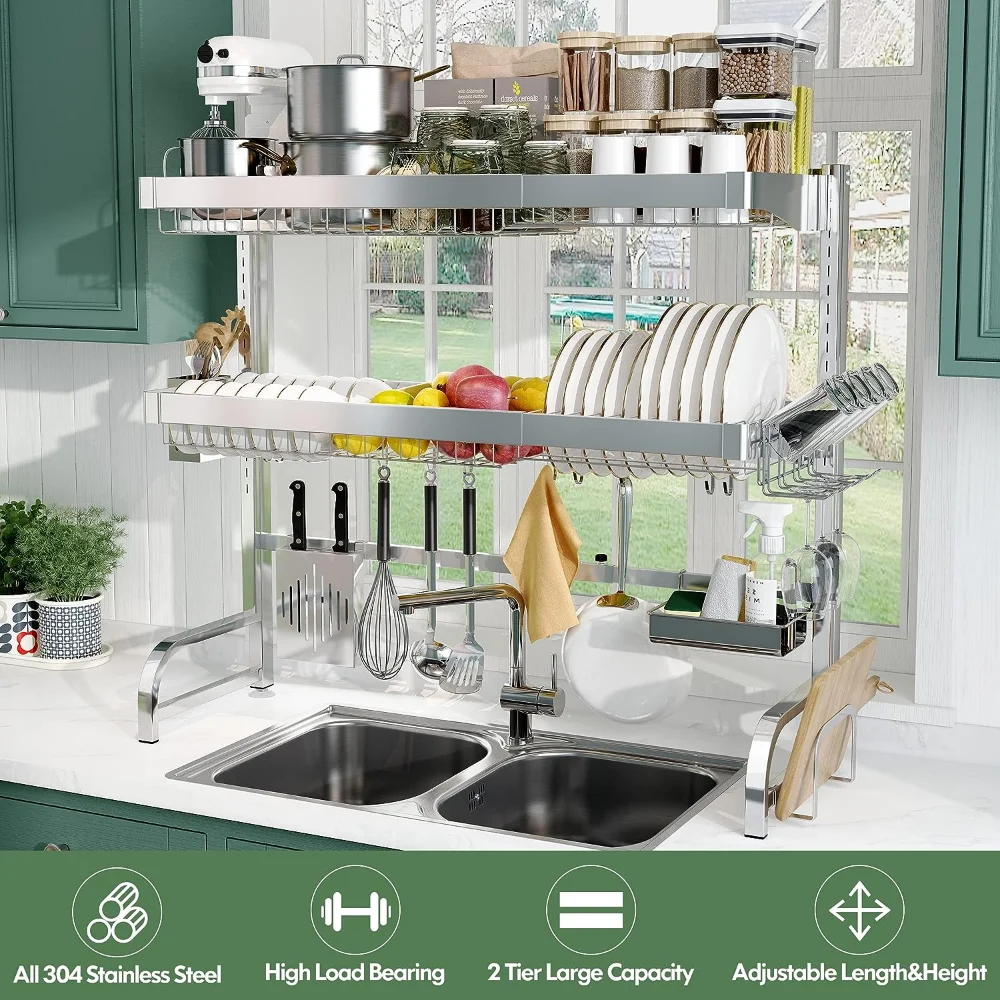 BOOSINY Over Sink Dish Drying Rack, Adjustable (25.6-35.5) 3 Tier Large Dish  Rack Drainer for with Utensil Holder and 10 Hooks