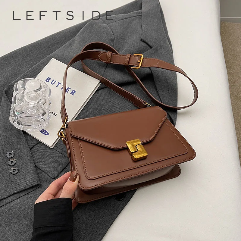 

Кожаные сумки через плечо LEFTSIDE для женщин, зима 2023, женская маленькая сумка через плечо с откидной крышкой, Женские однотонные сумки