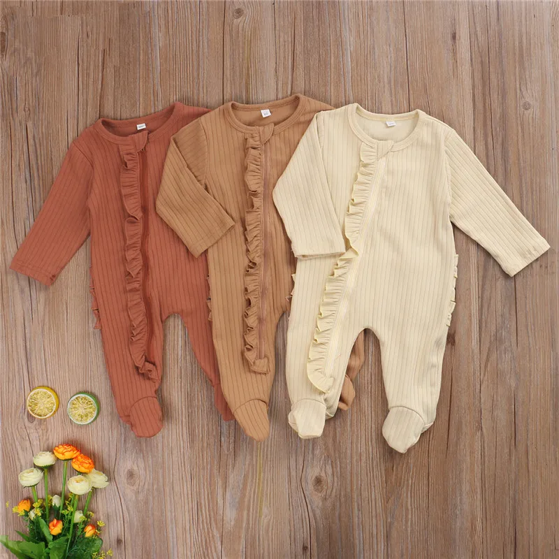 0-6months Newborn Girls Footed Pajamas Round Neck Zipper Footed Jumpsuit For Baby Girls Solid Color Ruffle Nightclothes Rompers