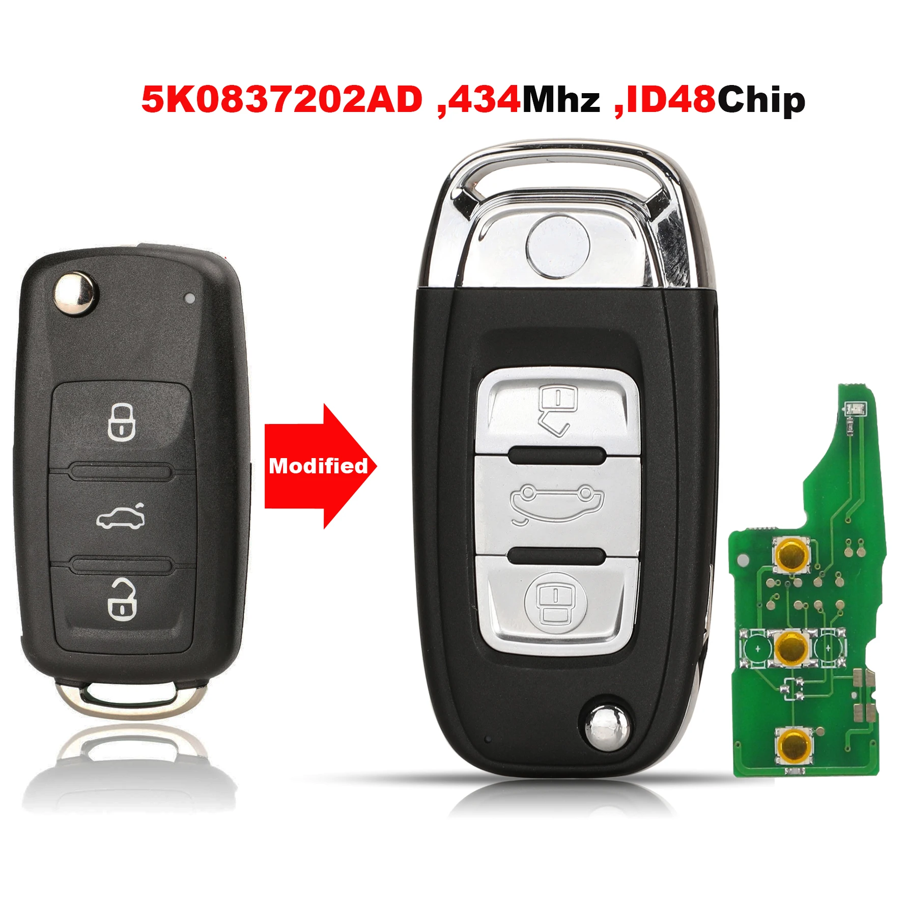 Car Key Upgrade 3BTN Remote 434Mhz ID48 Chip For VW Tiguan Touran Caddy Beetle Jetta Eos Golf Polo Hella 5K0837202AD