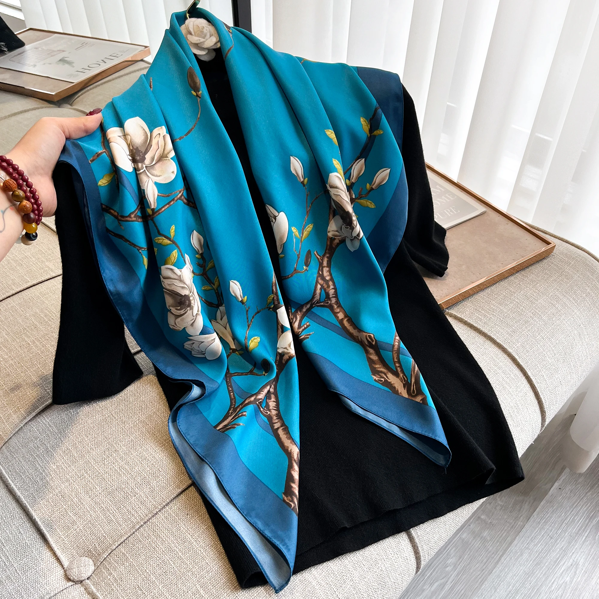 New Luxury Brand Silk Scarf Women Large Shawls Hijab Design FLoral art imitation silk sunscreen outdoor Travel beach towel