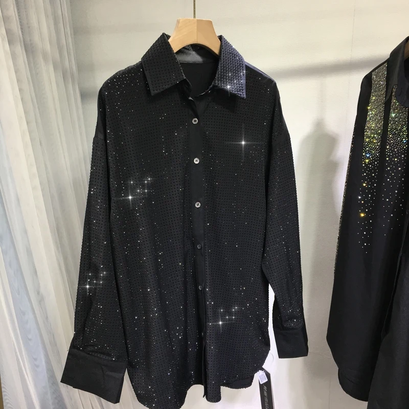 

Blingbling Full Diamonds Women Blouses New Spring Long Sleeve Cardigans Top Turn-down Collar Hot Drilling Loose Black Shirts