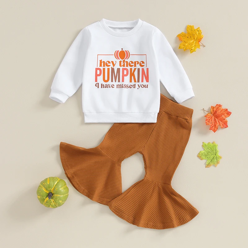 

0-5 Years Toddler Baby Girl Halloween Clothes Pumpkin Crewneck Sweatshirt and Bell-Bottom Pants 2 Pcs Fall Sweatsuit Sets