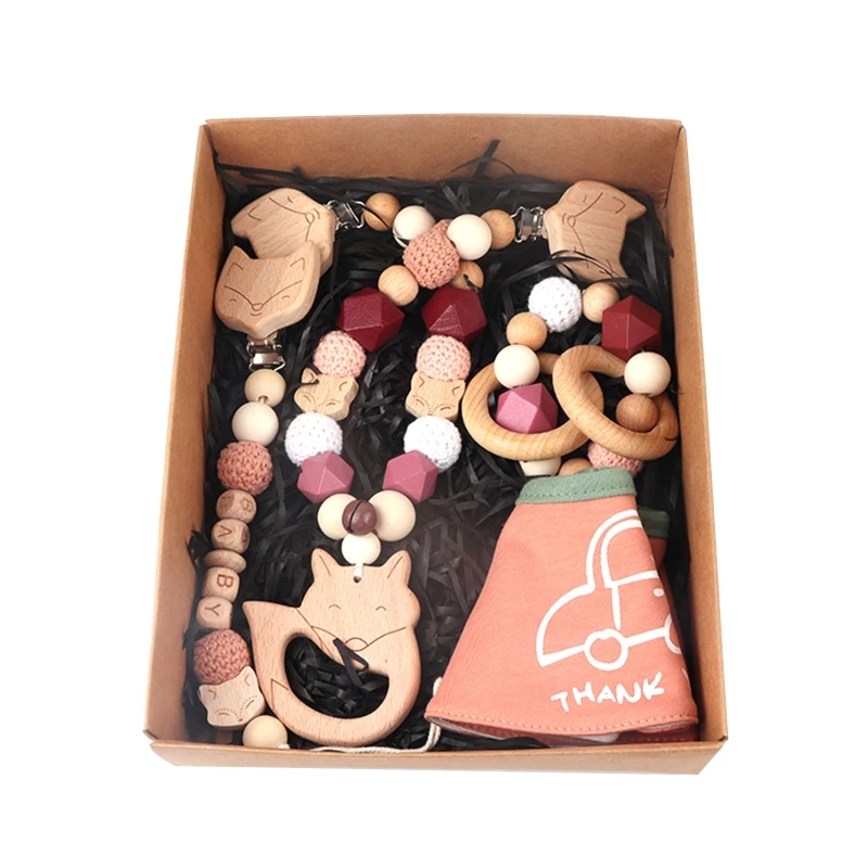 

N80C 4 Pcs/Set Baby Pacifier Chain Clip Pram Clip Pendant Stroller Rattle Wooden Bracelet Teething Toy Feeding Drool Bib Saliva