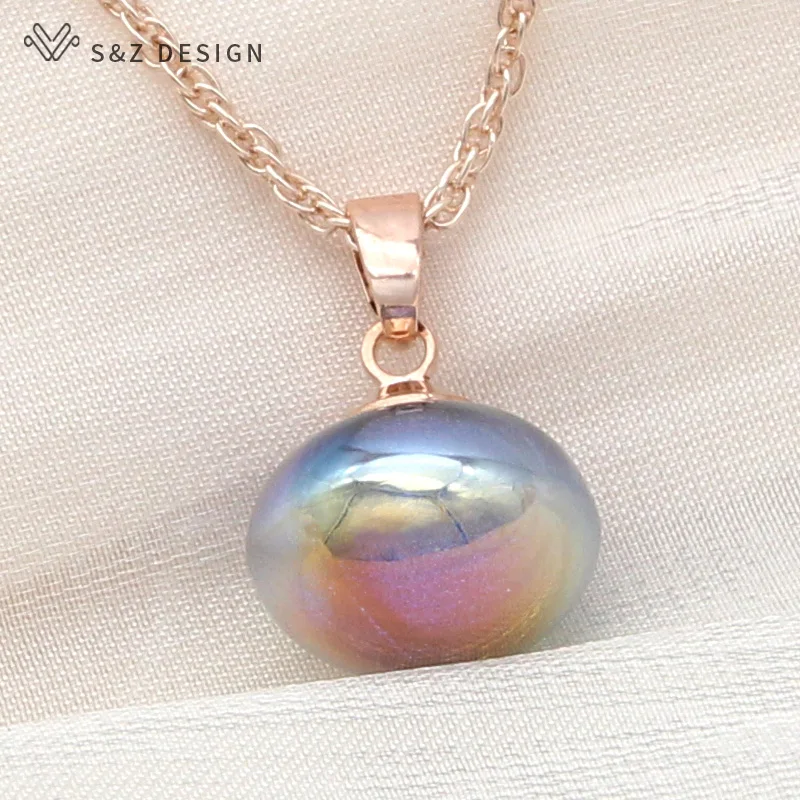 S&Z DESIGN New Fashion 585 Rose Gold Color Round Simulated-pearl Pendant Necklace For Women Wedding Party Jewelry Gift