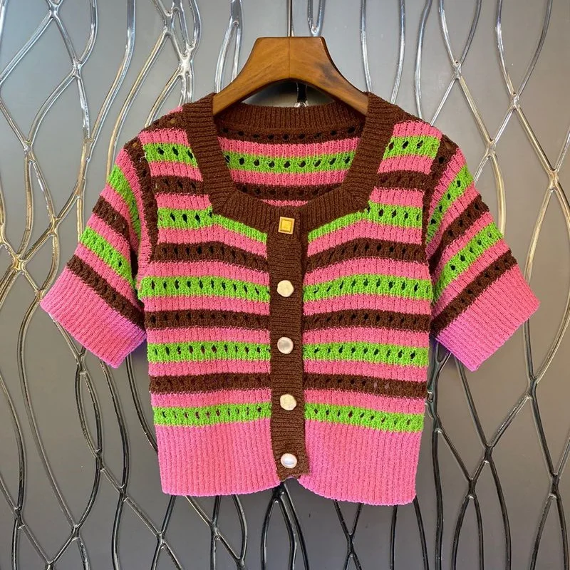 

New 2022 Autumn Sweaters & Pullovers High Quality Ladies Sexy Square Collar Striped Patterns Knitting Short Sleeve Jumpers