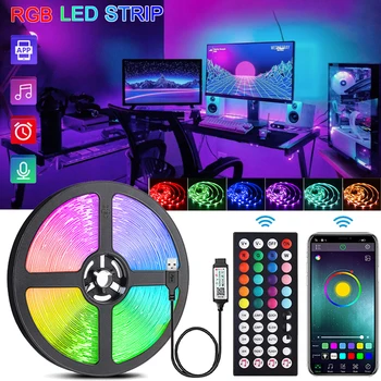 Bande lumineuse LED RVB avec télécommande, lampe à ruban flexible pour chambre, fête, bureau TV, décoration de chambre, diviseur de musique, USB, 5V 1