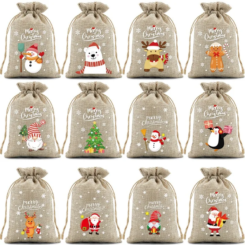 6PCS Christmas Candy Gifts Drawstring Bags Linen Bundle Pocket Bracelet Jewelry Burlap Storage Bags Xmas Gift Packaging Bags LIJ
