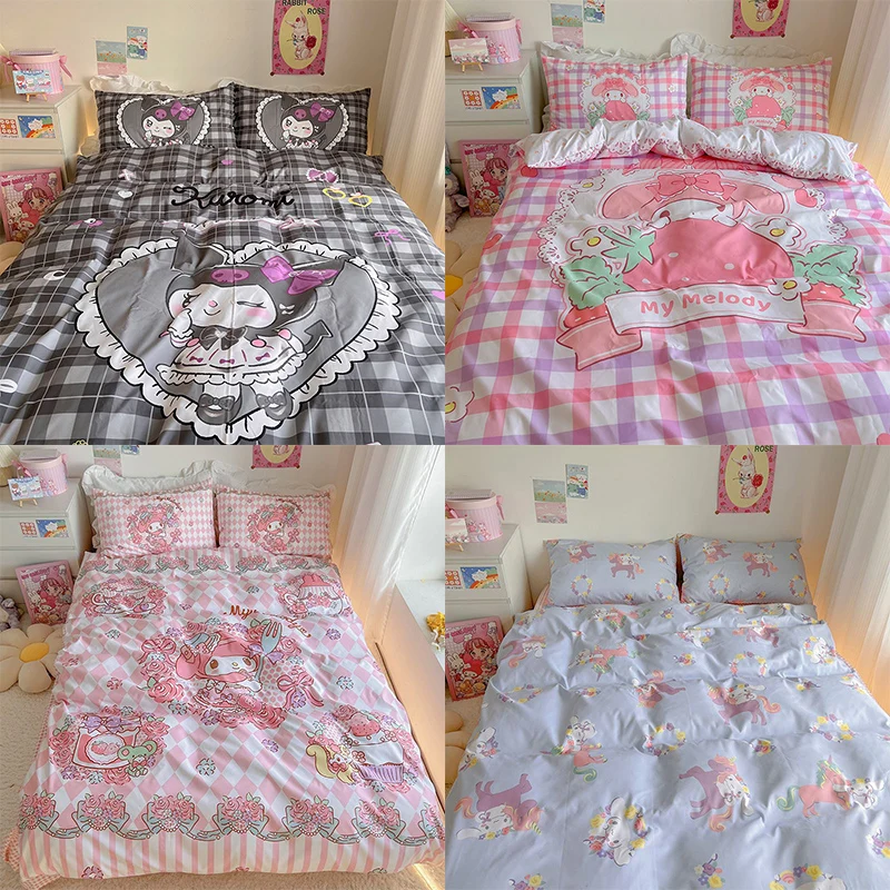 

Cartoon Sanrio Kuromi My Melody Cinnamoroll (Sheet + Pillowcase + Quilt Cover) 3/4PCS Set Soft Kawaii Student Dormitory Bedding