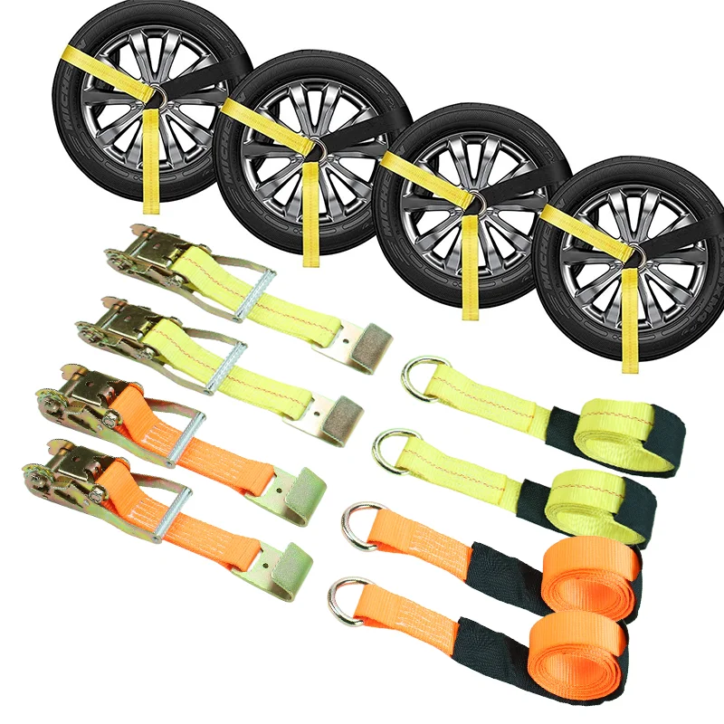 Ratchet Tie Down Straps Kit Tire Straps Car Tie Down with Snap Hooks for Passenger Car Truck Trailer