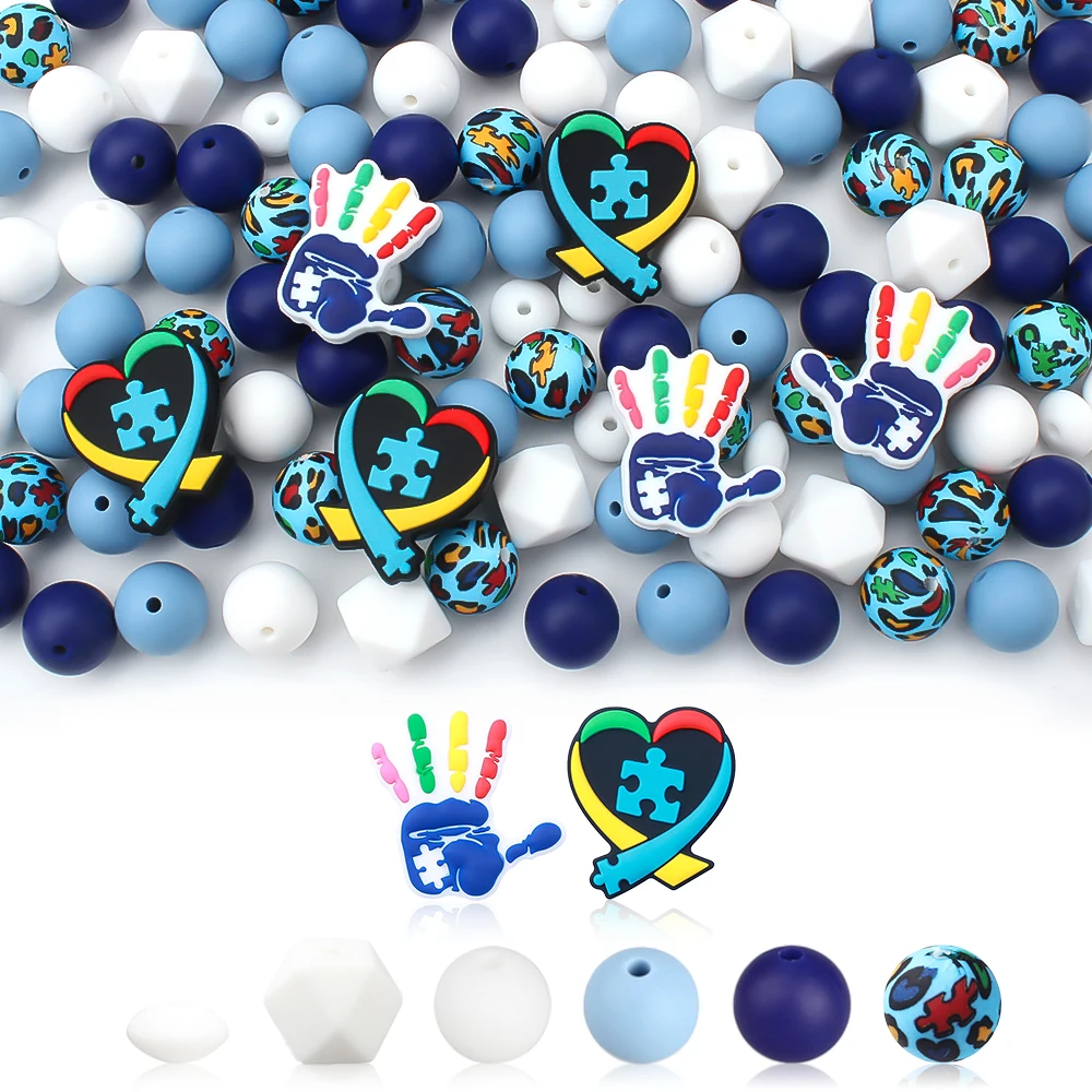 30Pcs/Set Autism Theme Silicone Focal Beads Colorful Puzzle Silicone Beads Keychain Bracelet Necklace Handicrafts Bag Decoration