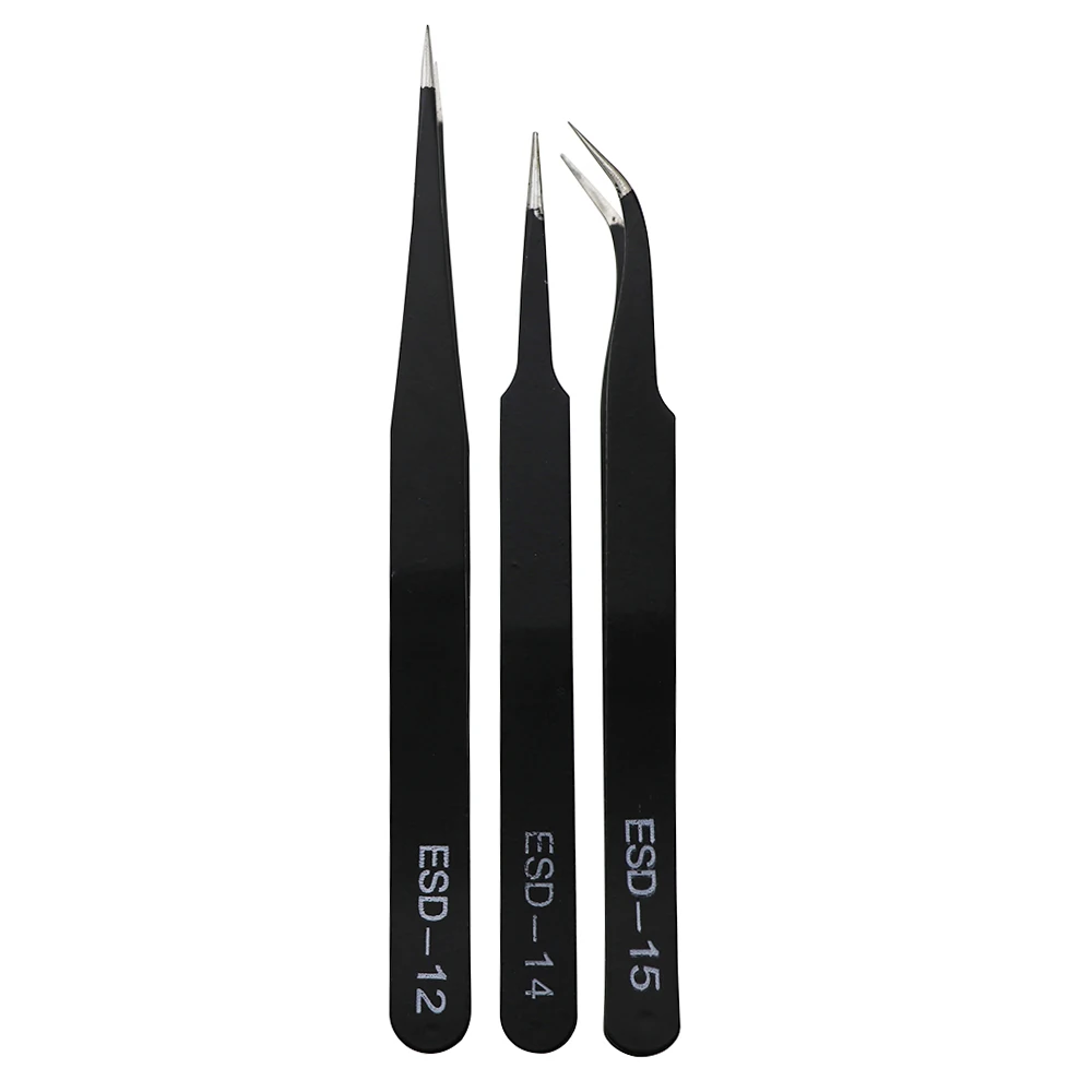 Metal Non-magnetic Stainless Steel Anti-static Tweezers ESD Plier for Jewelry ICs SMD SMT 3pcs with tweezer tool tweezers repair tool electronic component gripper