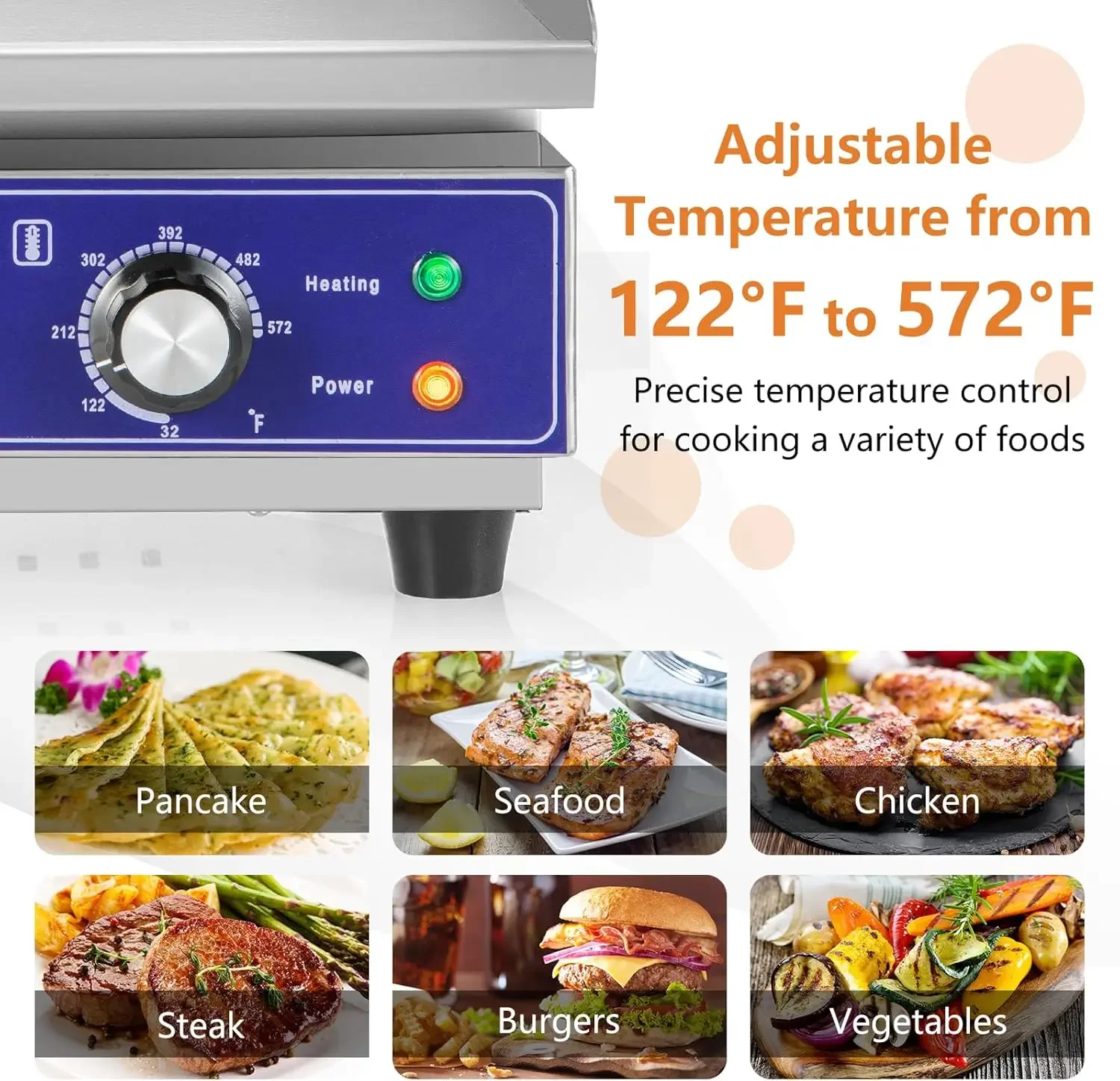 Commercial Griddle, 22" Electric Griddle 2000W, Cast Iron Griddle, Stainless Steel Frame, 122℉-572℉ Adjustable Temperature Contr 5