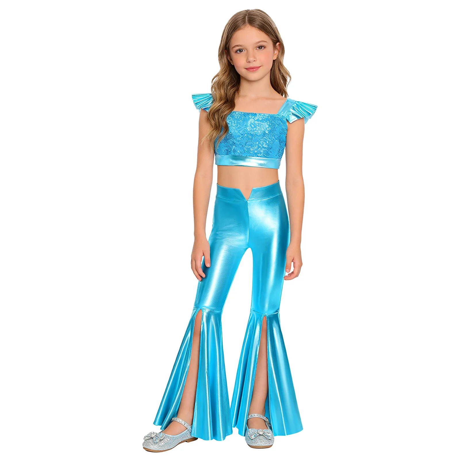 Jazz-Tanz-Performance-Outfit für Mädchen mit Rüschenärmeln, Funkelndem Pailletten-Crop-Top und Glänzender Schlaghose – Detail 3