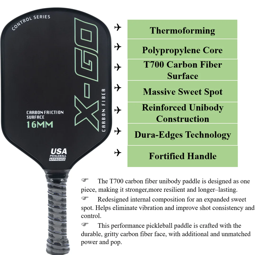 цена Thermoformed Pickleball Paddle T700 Raw Carbon Friction Surface with High Grit &Spin USAPA Compliant Power Sweet Spot Pro Paddle