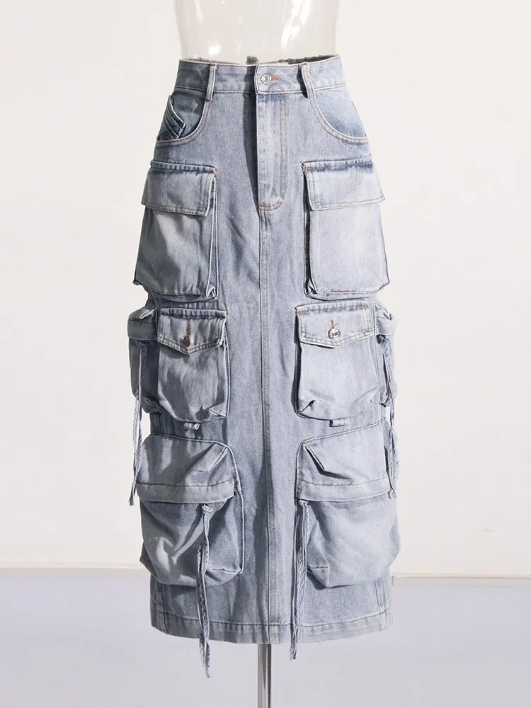 KBQ Patchwork Pocket Solid Denim Skirt For Women High Waist Spliced Button Loose Split Casual Skirts Female Fashion Clothing New