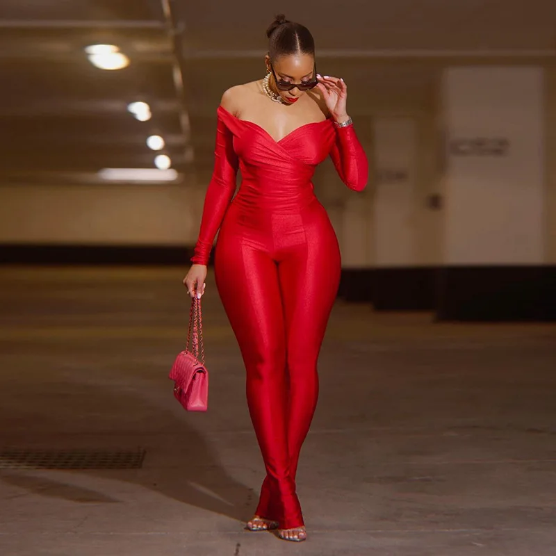 Sexy Off Shoulder Large V-neck High Waist Tight Pants Casual Sports Set bodysuit disfraz sexy mujeres