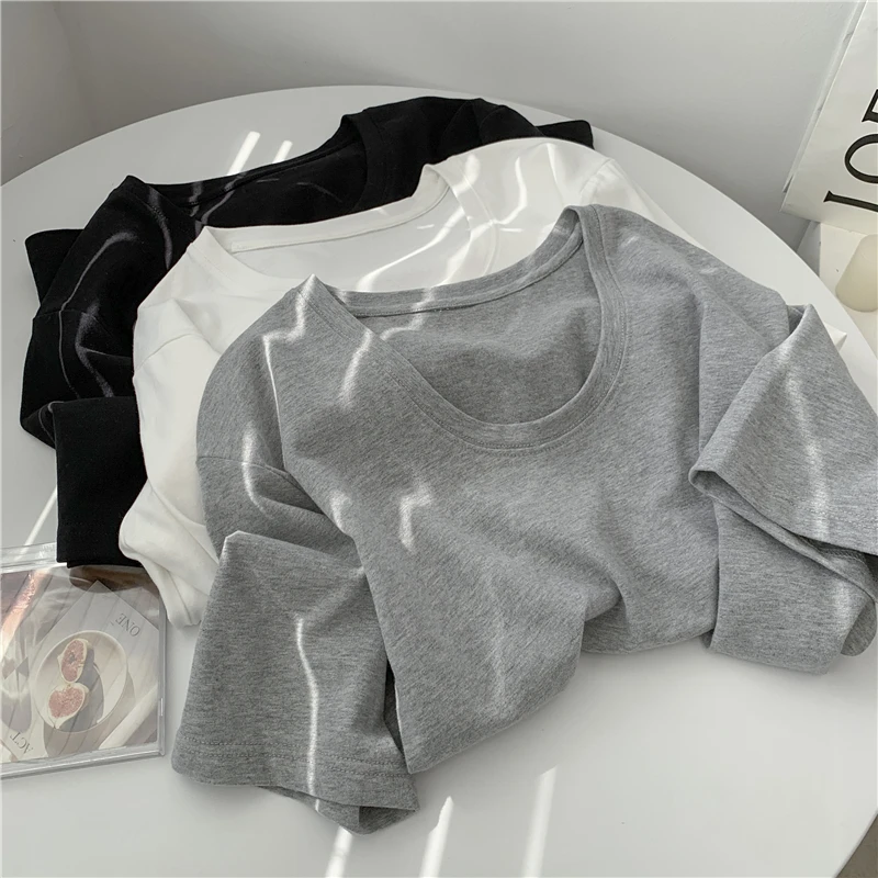 Brushed Cotton Short-Sleeved U-Neck White T-shirt Women's Pure Season Loose Casual Solid Color Outerwear Simple Top T-shirt