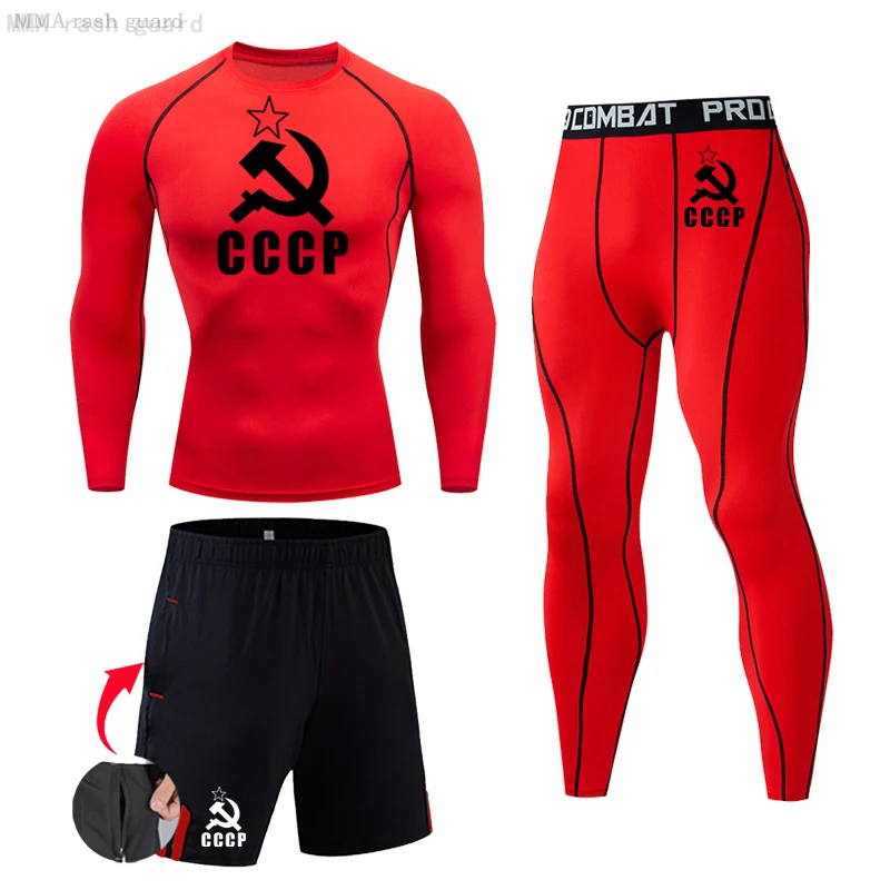 CCCP Compression Sportswear Men's Running Long Sleeve Shirt Fitness Leggings Workout Shorts sports Second Skin Thermal underwear