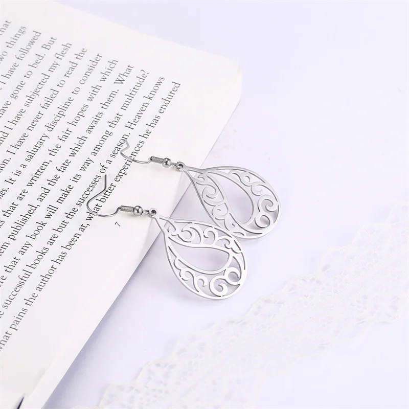 Edelstahl Frauen Böhmischen Filigrane Creolen Mode Silber Farbe Tropfen Ohrring Teardrop Schmuck Zubehör Boho Geschenk – Detail 21