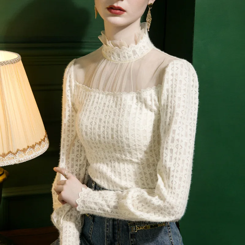 

High Quality 2024 Women Tops Gauze Splice T-shirt Female Clothing Winter Autumn Sexy Crop Top Clothes Casual Blouse Girl Y2k