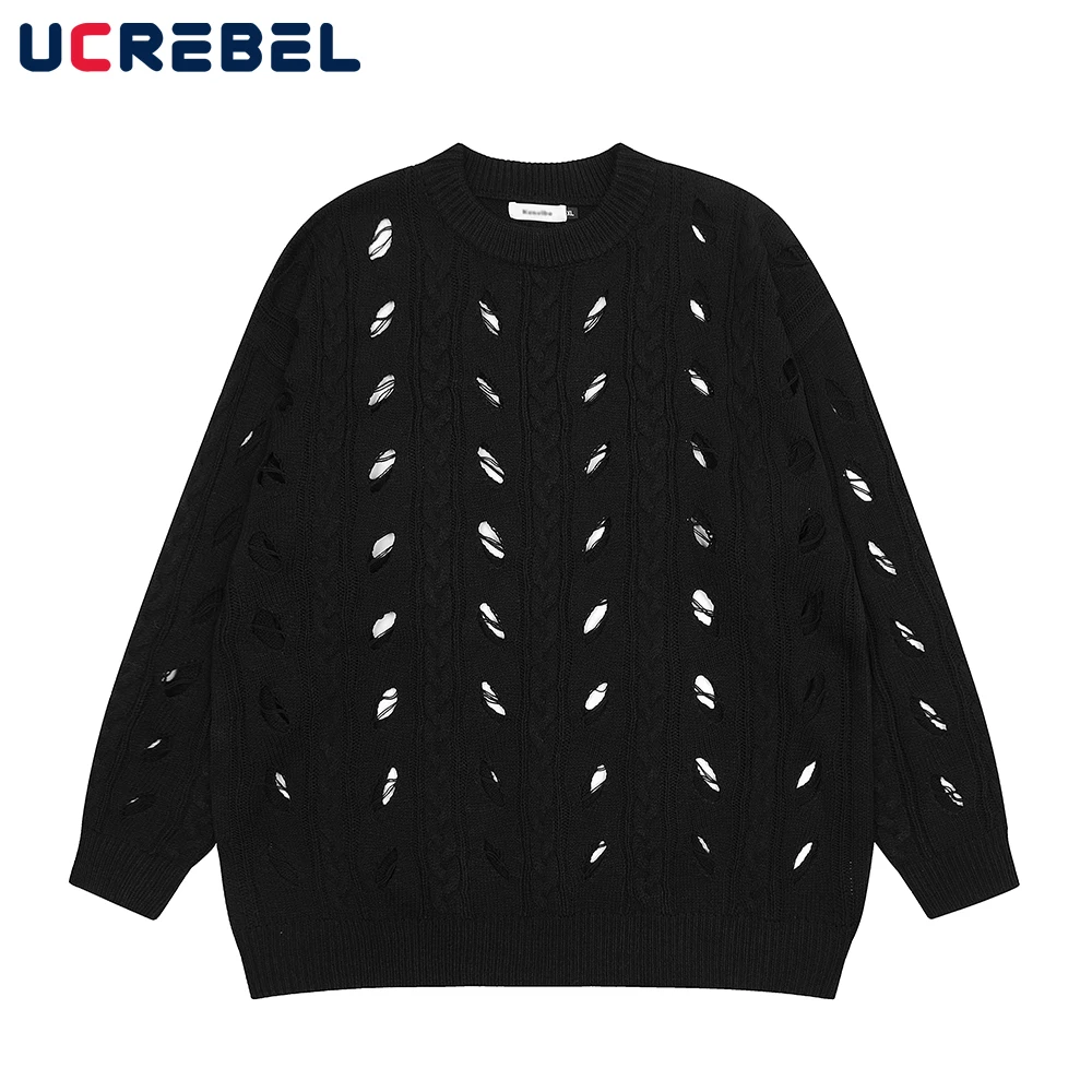 

High Street Ripped Hole Knitted Sweater Mens Autumn Loose Long Sleeve Crew Neck Pullover Men
