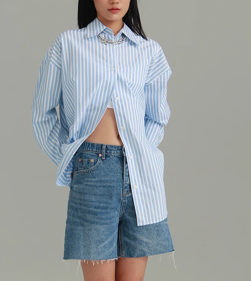 

ZHISILAO New Blue Stripe Oversize Blouse Women Casual Loose Long Sleeve Shirt Spring Summer 2023 Tops