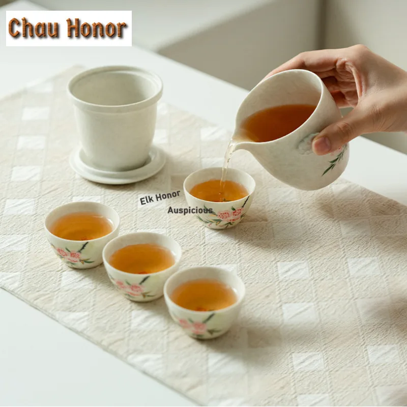 Pure Hand-painted Peach Blossom Travel Tea Set Kit Creative 1 Pot 4 Cups Tea Making Organizer Portable Outdoor Handbag Supplies
