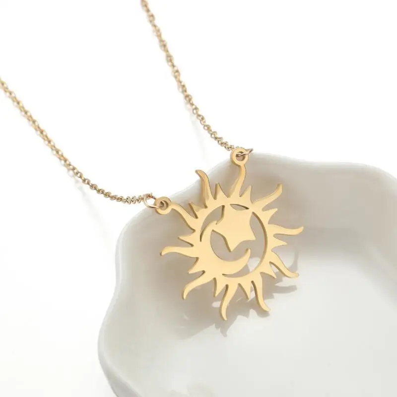 

10PCS Moon and Star in Sparkling Sun Necklace Stainless Steel Korean Minimalist Circle Sunshine Sunlight Shape Pendant Choker