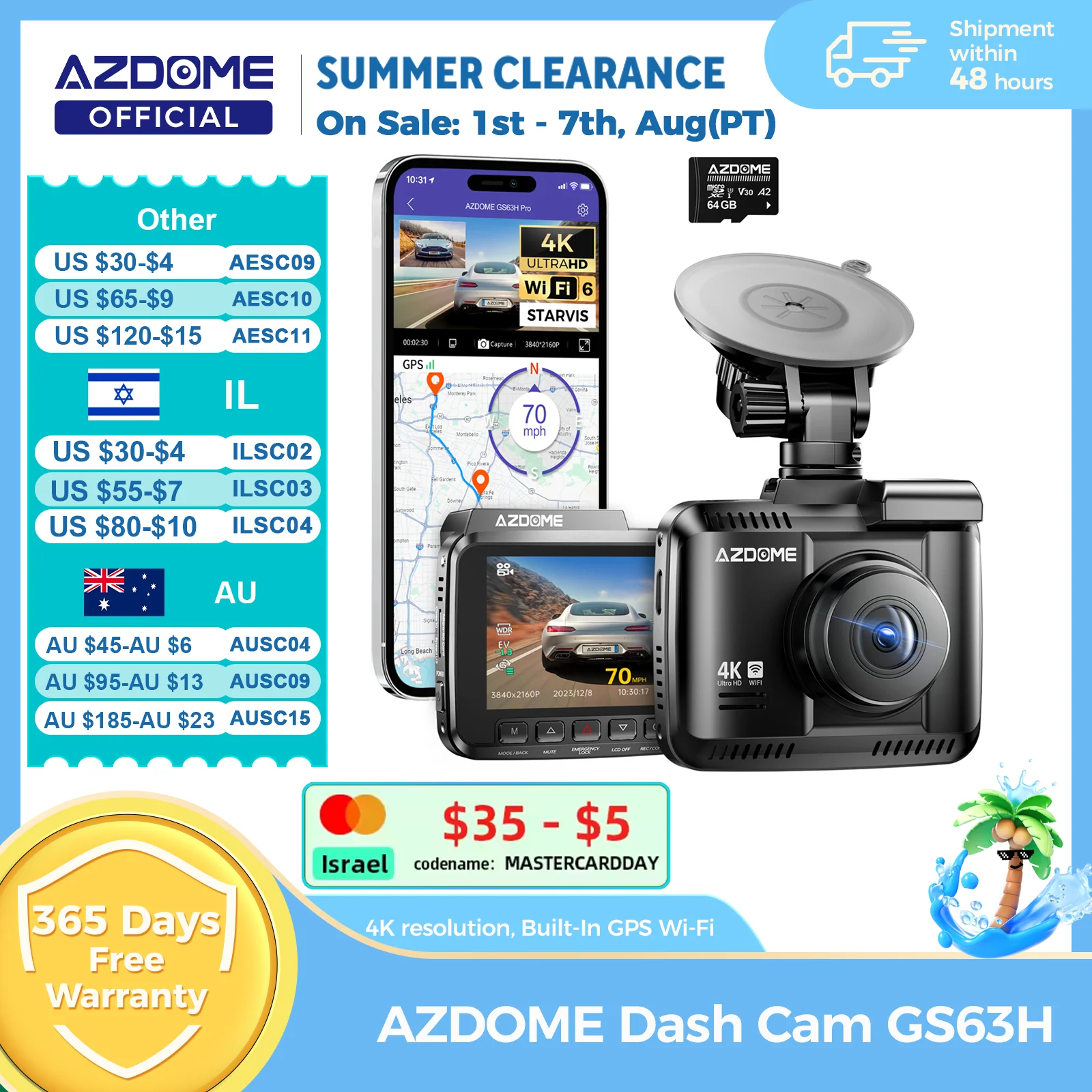 מצלמת רכב AZDOME Dash Cam GS63H 4K עם GPS מובנה, Wi-Fi, מסך Starvis 2.4 אינץ', ראיית לילה WDR, מצלמת רכב DVR וחניה