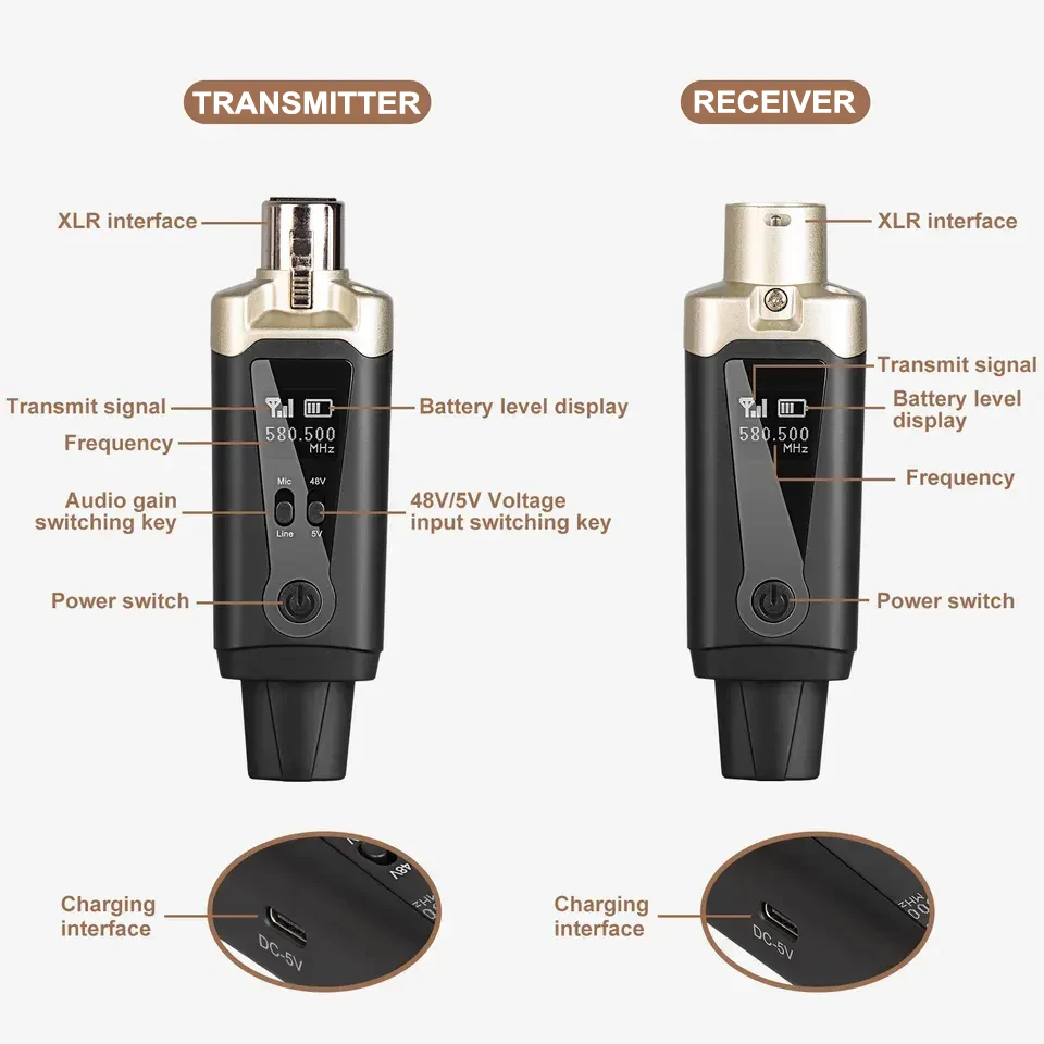 Sistema de Microfone Xlr Plug-on sem Fio 48v Phantom Fonte de Alimentação Transmissor Receptor para Condensador Microfone Dinâmico - Image 6