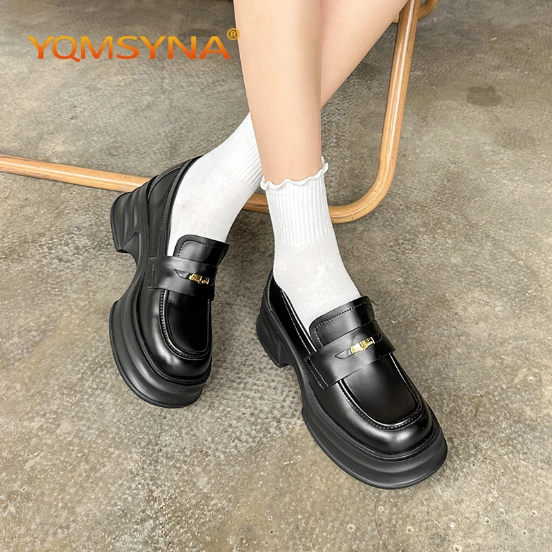 

YQMSYNA Casual Loafers For Women Square Heel Round Toe Pumps Mature Metal Decoration Thick Dottom Commute Shallow Work Shoes A69