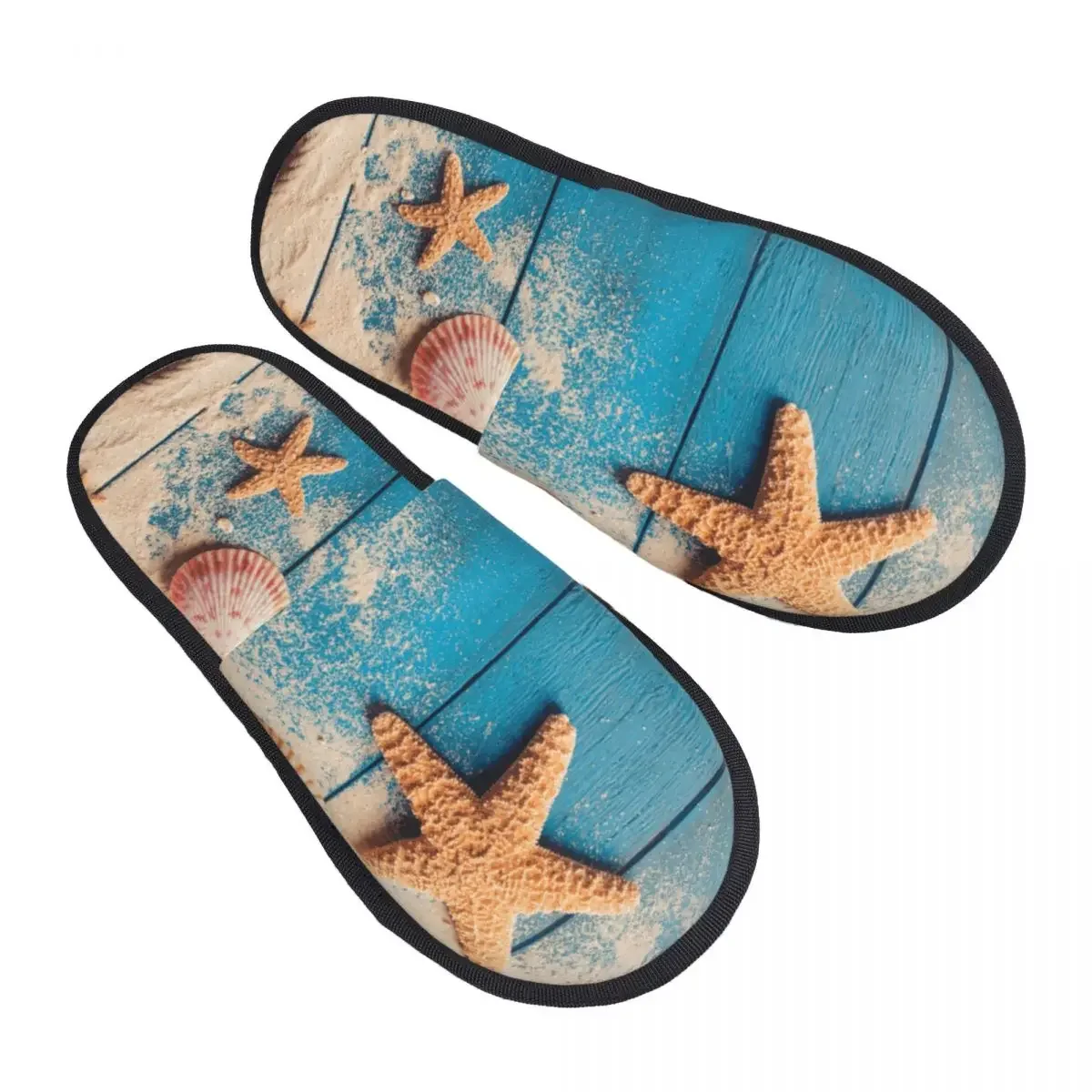 

Winter Women Men Non-Slip Flat Slippers Summer Sea Shells And Starfish On Wooden Indoor Fur Soft Warm Shoes
