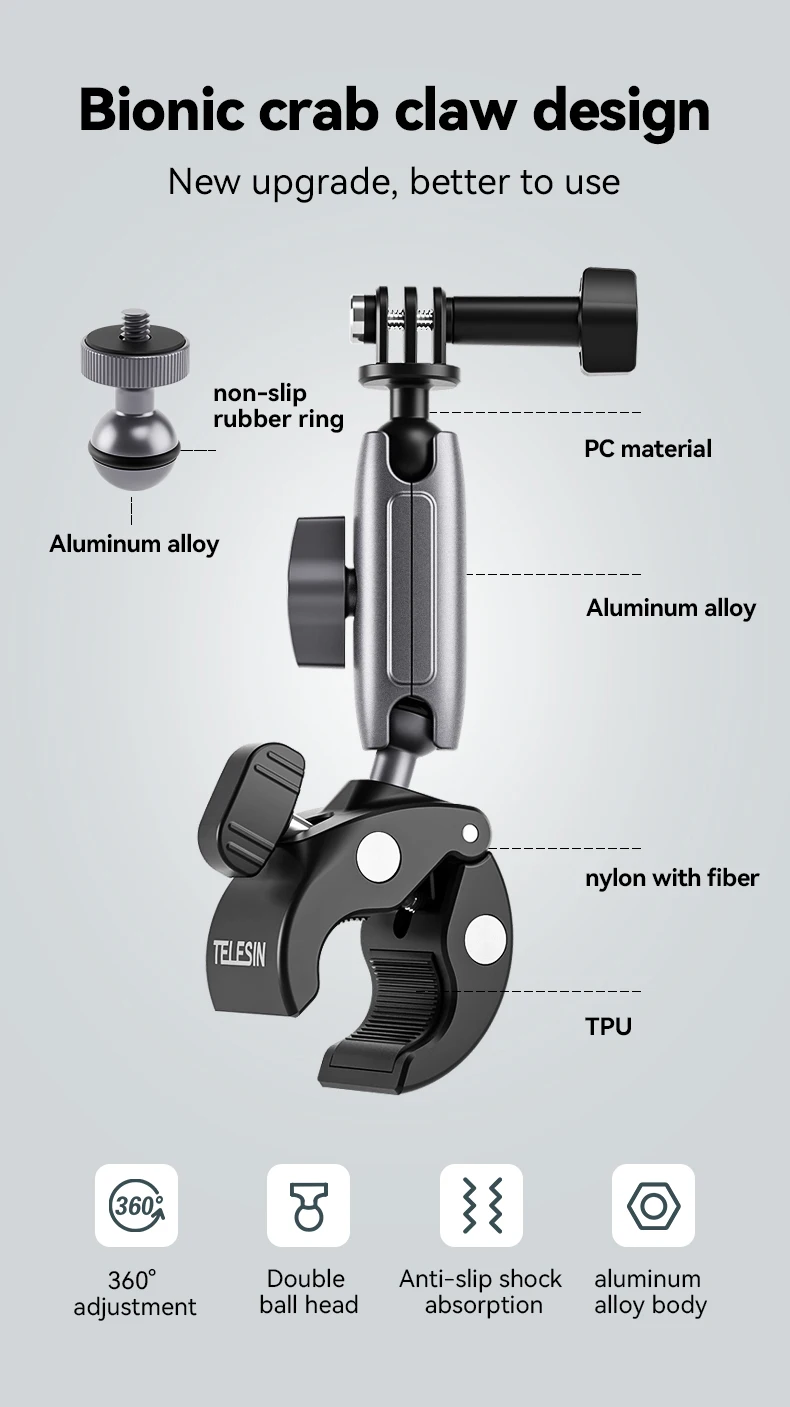 TELESIN Motorcycle Bicycle Rail Mount Clamp with 360 degree Ball Mount Clip For