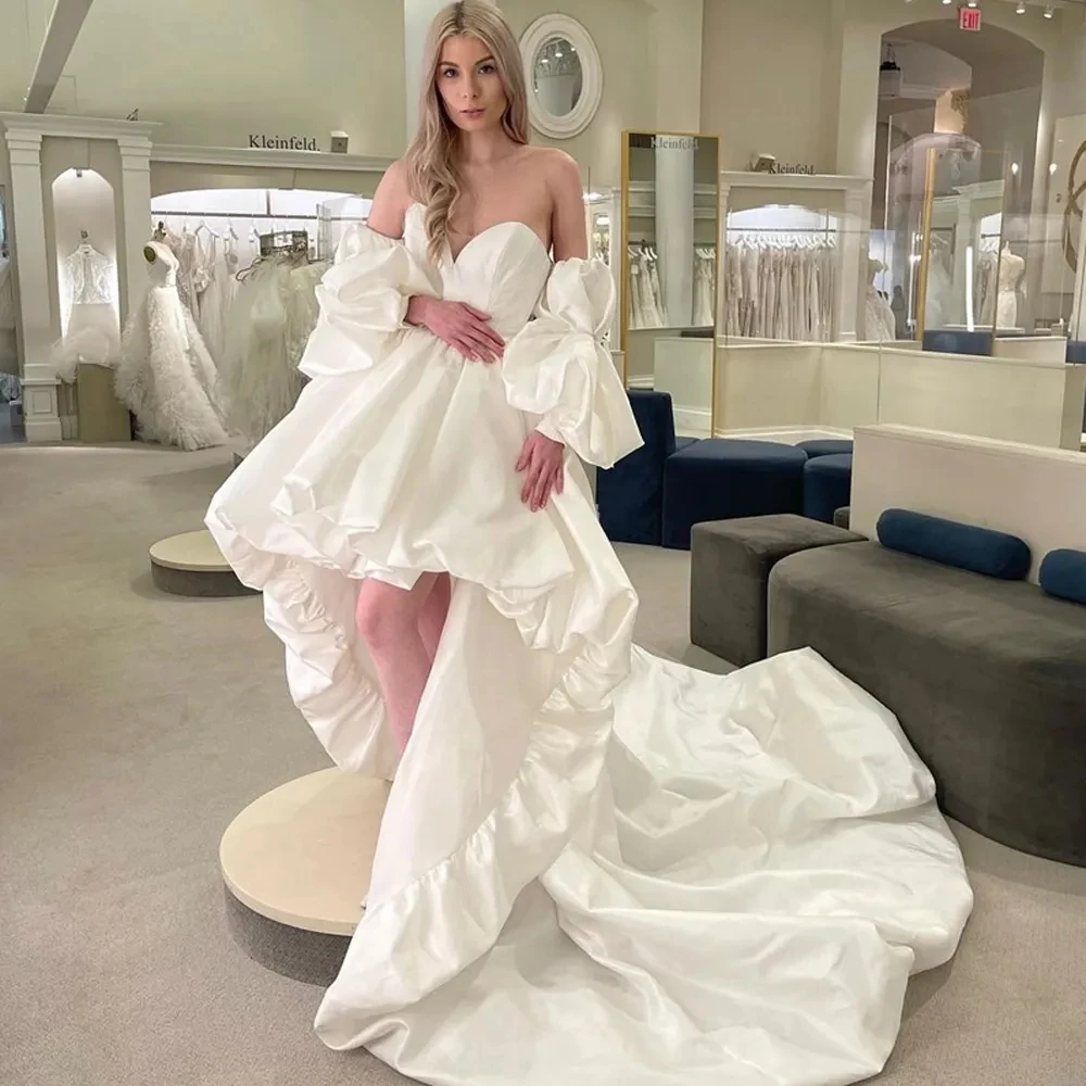 

Mordern High Low A Line Wedding Dresses Detachable Sleeve Bridal Gown Taffeta A-Line Front Short Back Long vestidos de novia