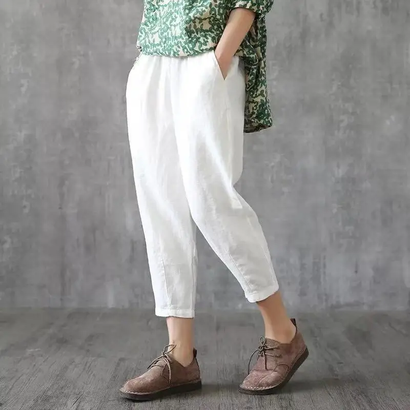 Cotton and Linen Harem Trousers for Women Elastic Waist Pant with Casual Hippie Loos Simple Daily Pants Super Comfy Autumn Cloth